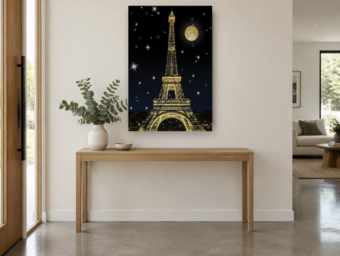 Golden Eiffel Moonlight city canvas print on the wall of a entry hall