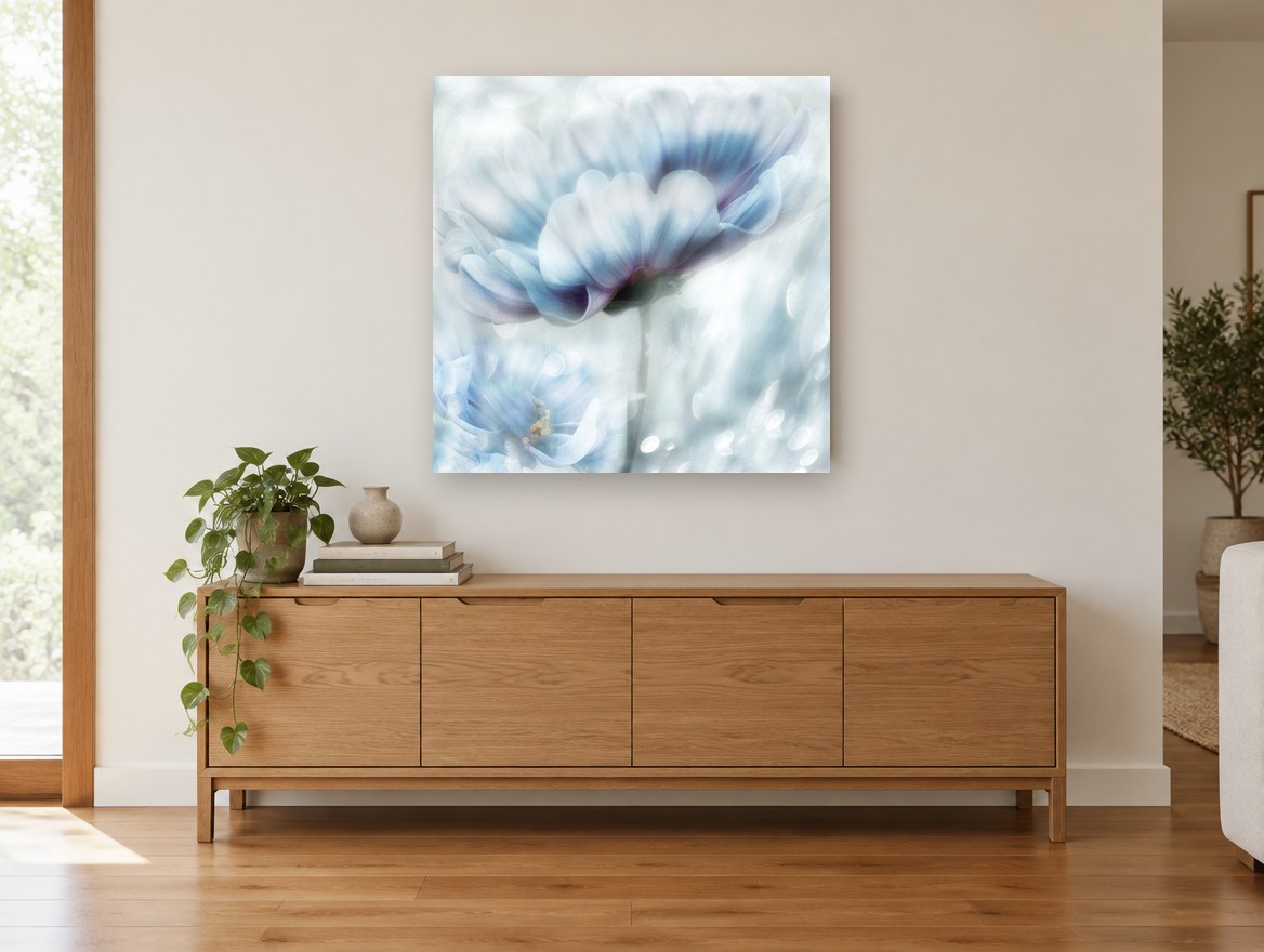 Pale Blue Bloom Haze floral canvas print on the wall of a living room above a sideboard