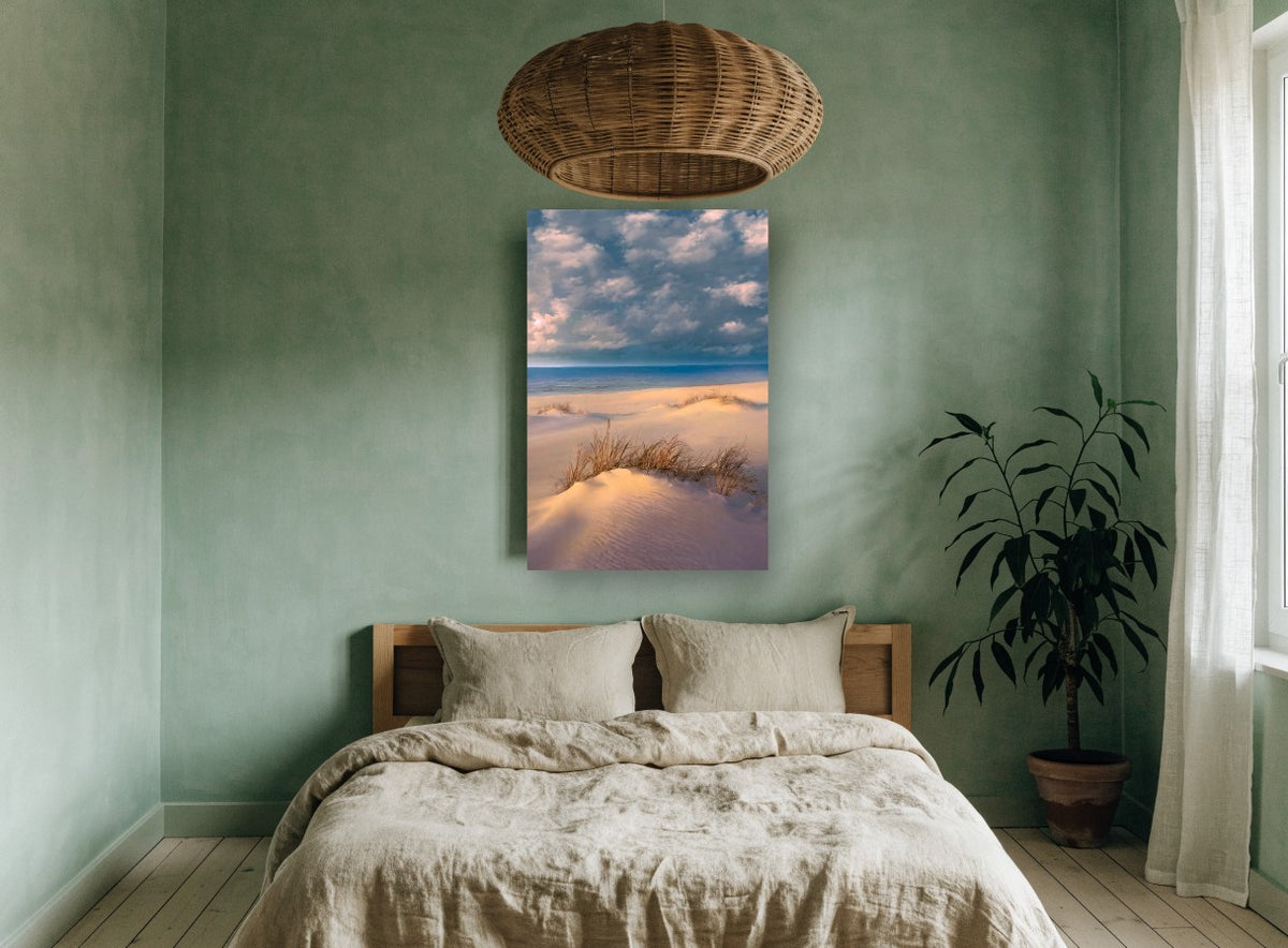 Dune Grass at Dusk coastal canvas print on the wall of a bedroom