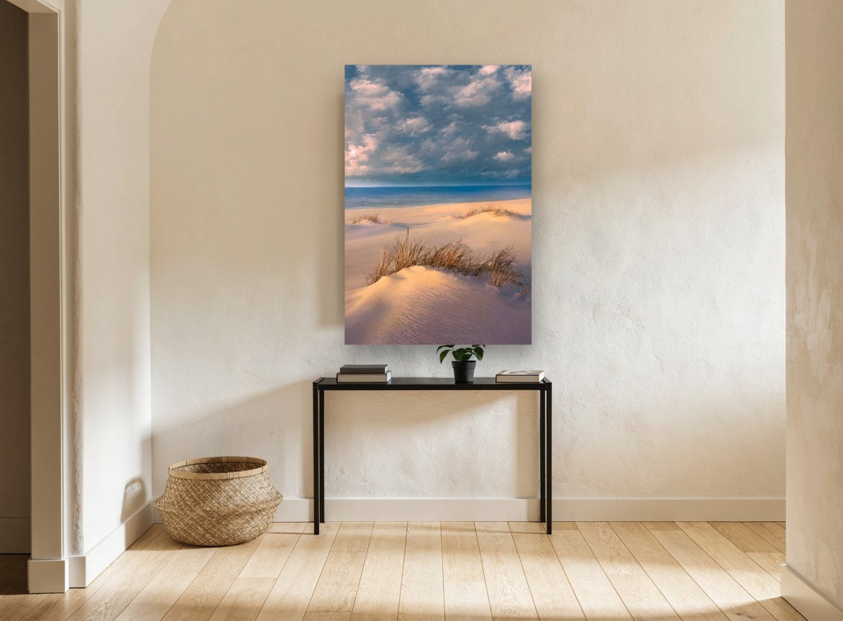 Dune Grass at Dusk coastal canvas print on the wall of a hallway