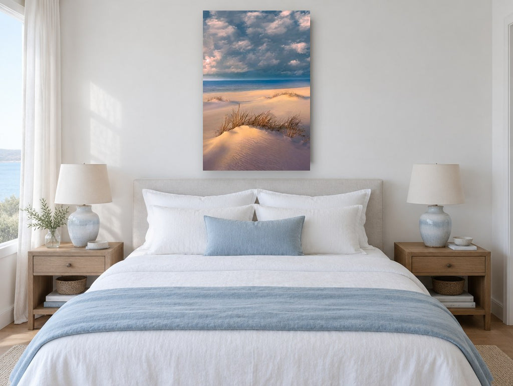 Dune Grass at Dusk coastal canvas print on the wall of a coastal bedroom