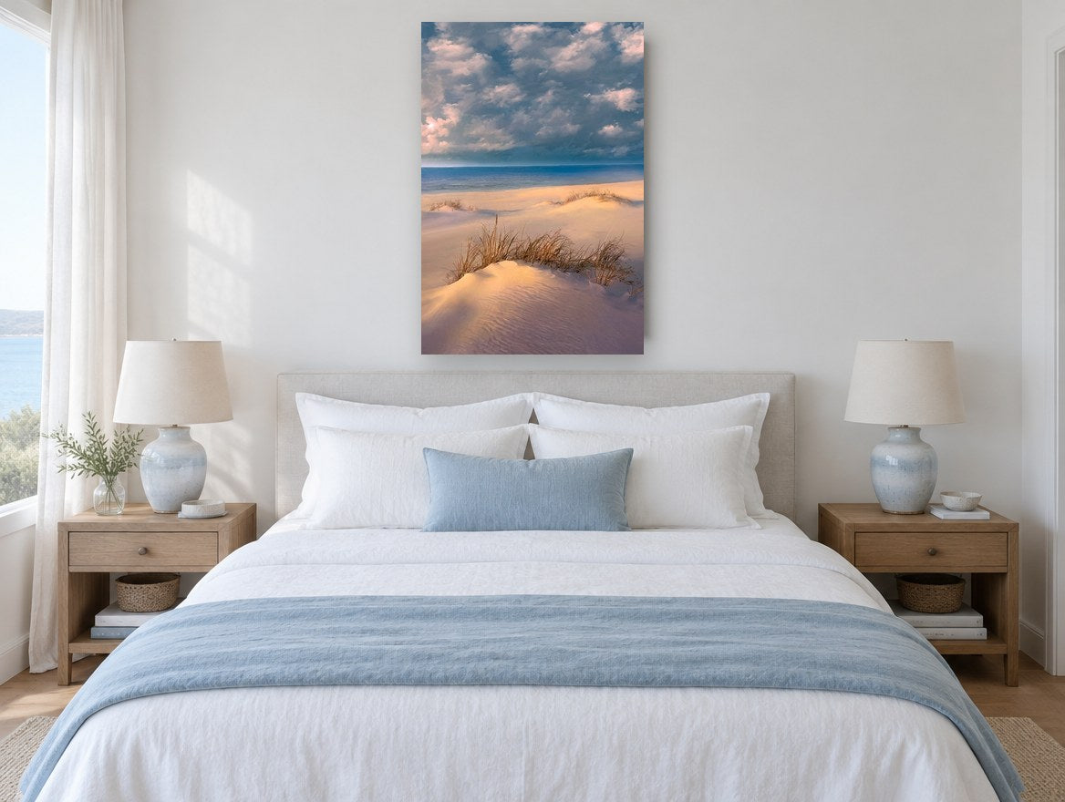 Dune Grass at Dusk coastal canvas print on the wall of a coastal bedroom