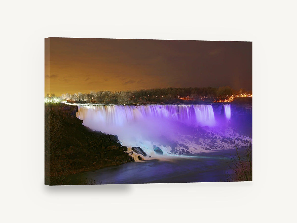 Violet Falls at Night, purple lit waterfall night photograph, landscape canvas wall art print ready to hang