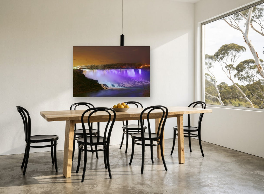 Violet Falls at Night landscape canvas print on the wall of a dining room