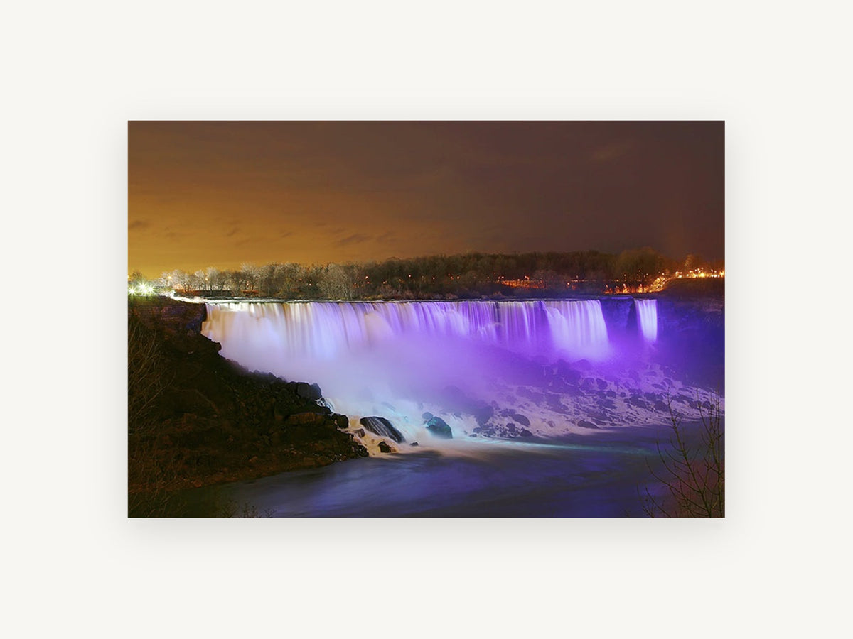Violet Falls at Night, purple lit waterfall night photograph, landscape canvas wall art print, front view