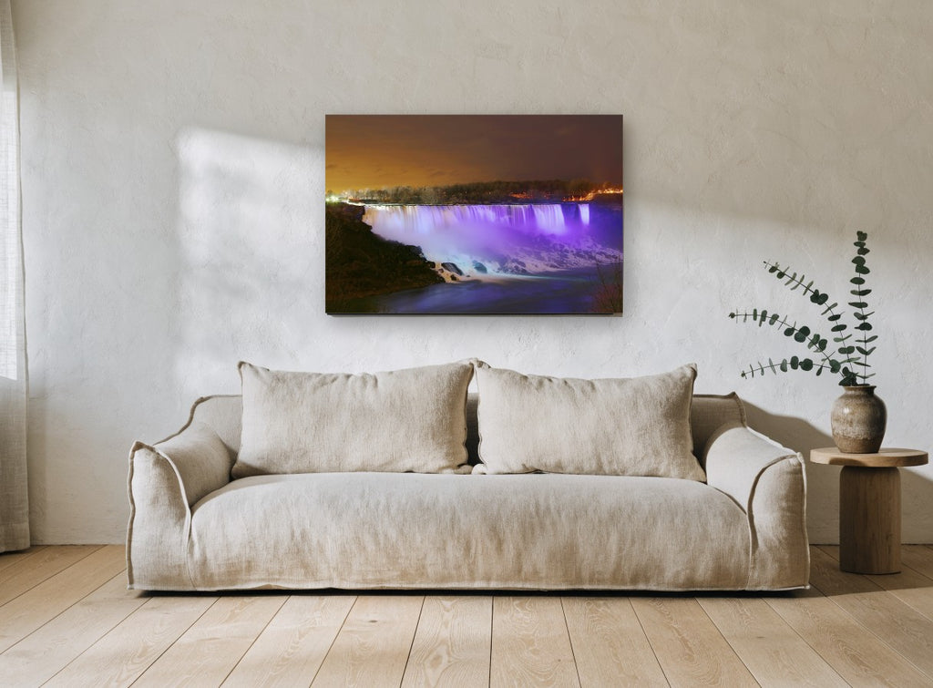 Violet Falls at Night landscape canvas print on the wall of a living room