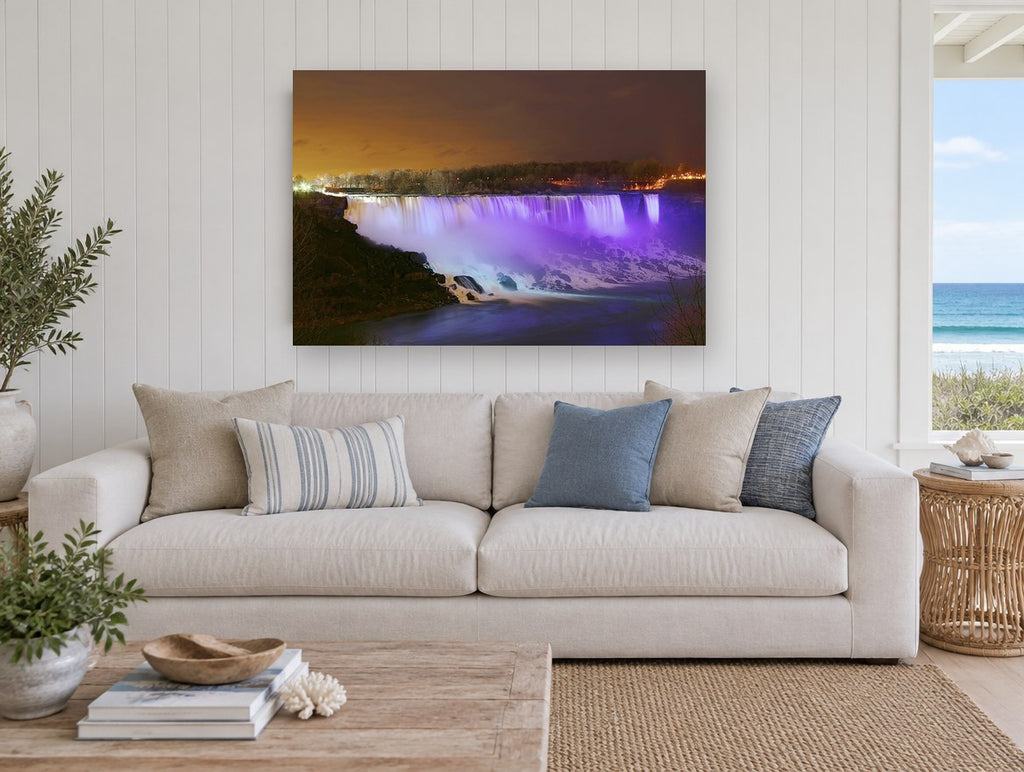 Violet Falls at Night landscape canvas print on the wall of a beach house living room