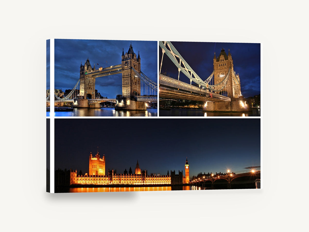 London Landmarks After Dark, london landmarks at night photograph montage, city canvas wall art print ready to hang