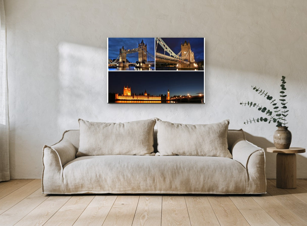 London Landmarks After Dark city canvas print on the wall of a living room