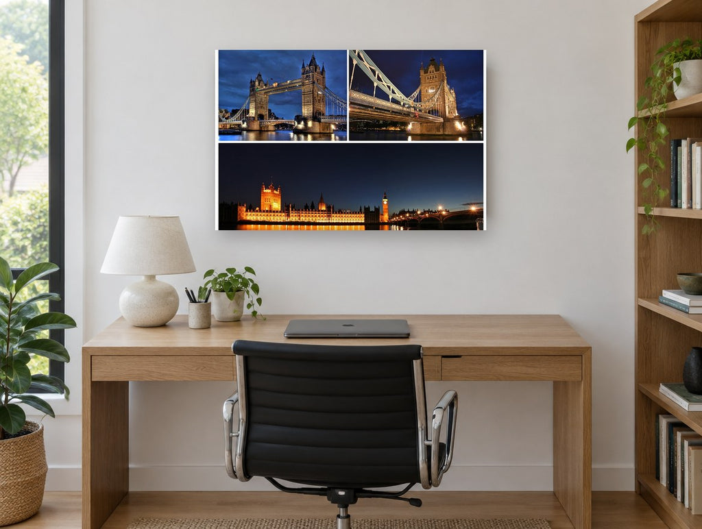 London Landmarks After Dark city canvas print on the wall of a study