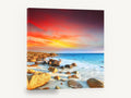 Ember Sky Rocky Cove, red sunset rocky beach photograph, coastal canvas wall art print ready to hang