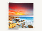 Ember Sky Rocky Cove, red sunset rocky beach photograph, coastal canvas wall art print ready to hang