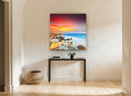 Ember Sky Rocky Cove coastal canvas print on the wall of a hallway