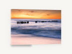 Sunset Pier Posts, sunset seascape pier posts photograph, coastal canvas wall art print ready to hang