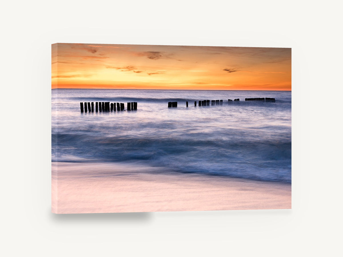Sunset Pier Posts, sunset seascape pier posts photograph, coastal canvas wall art print ready to hang