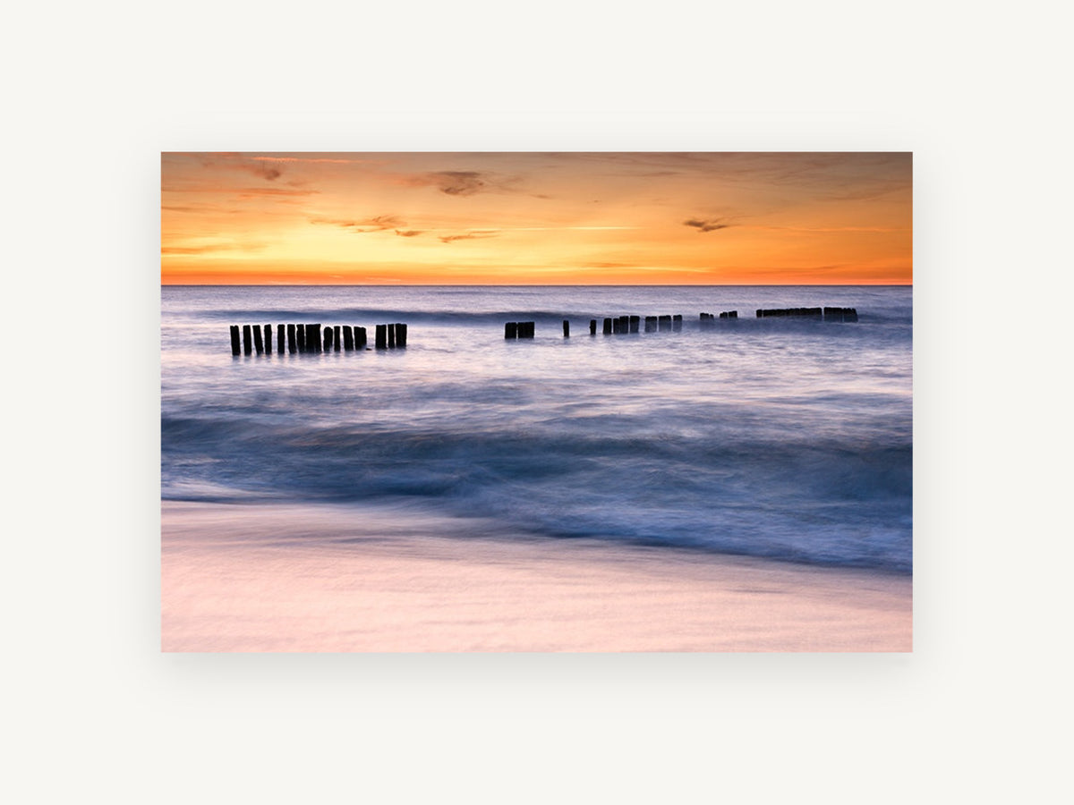 Sunset Pier Posts, coastal canvas wall art print, front view