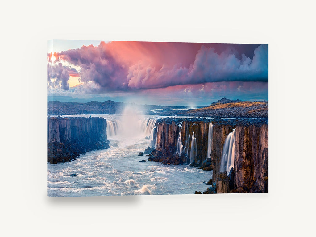 Basalt Falls at Dawn, basalt waterfall sunrise photograph, landscape canvas wall art print ready to hang