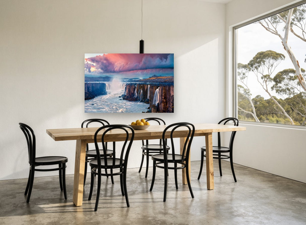 Basalt Falls at Dawn landscape canvas print on the wall of a dining room