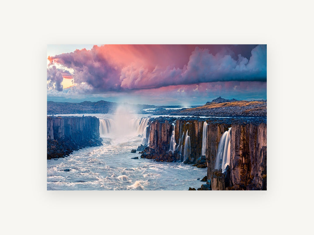 Basalt Falls at Dawn, basalt waterfall sunrise photograph, landscape canvas wall art print, front view