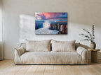 Basalt Falls at Dawn landscape canvas print on the wall of a living room