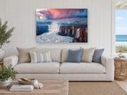 Basalt Falls at Dawn landscape canvas print on the wall of a beach house living room