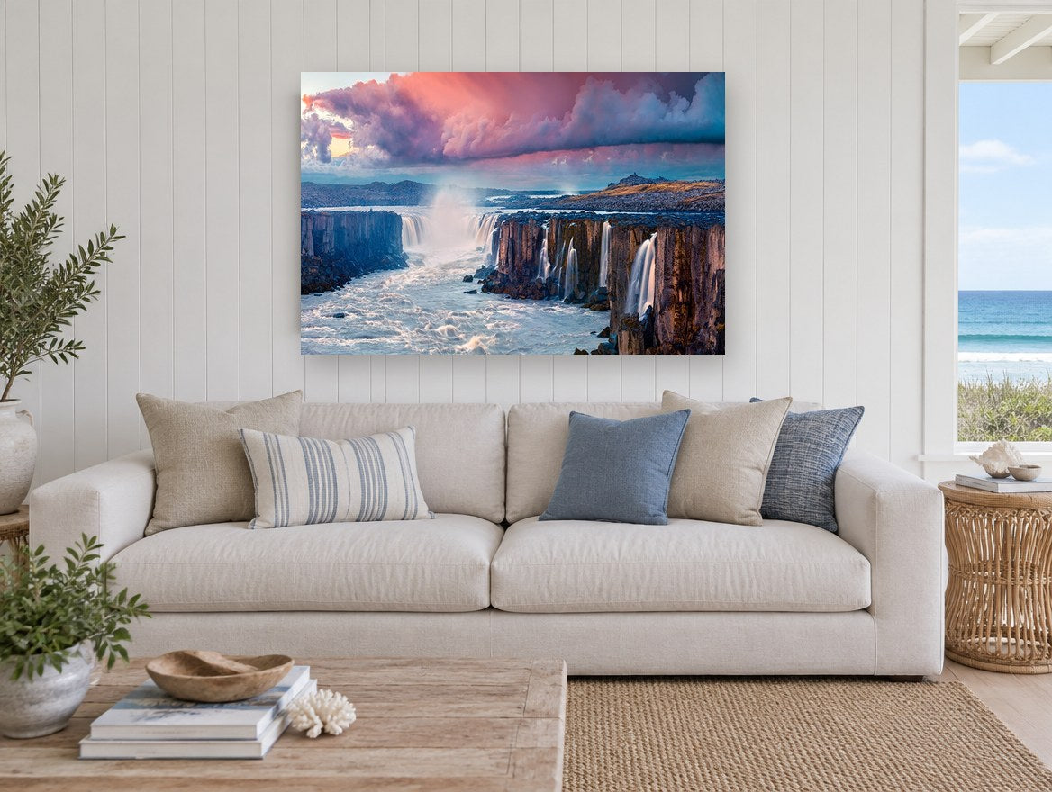 Basalt Falls at Dawn landscape canvas print on the wall of a beach house living room
