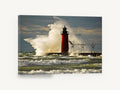 Red Lighthouse Storm Surge, red lighthouse crashing wave photograph, coastal canvas wall art print ready to hang