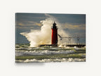 Red Lighthouse Storm Surge, red lighthouse crashing wave photograph, coastal canvas wall art print ready to hang