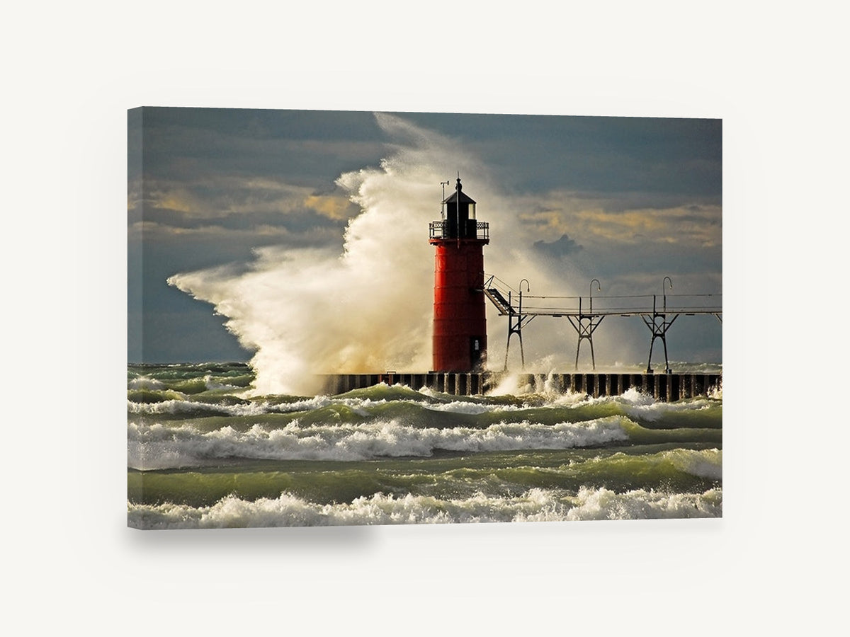 Red Lighthouse Storm Surge, red lighthouse crashing wave photograph, coastal canvas wall art print ready to hang