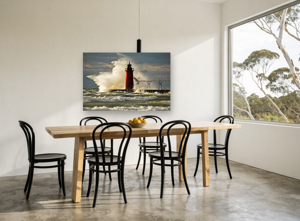 Red Lighthouse Storm Surge coastal canvas print on the wall of a dining room
