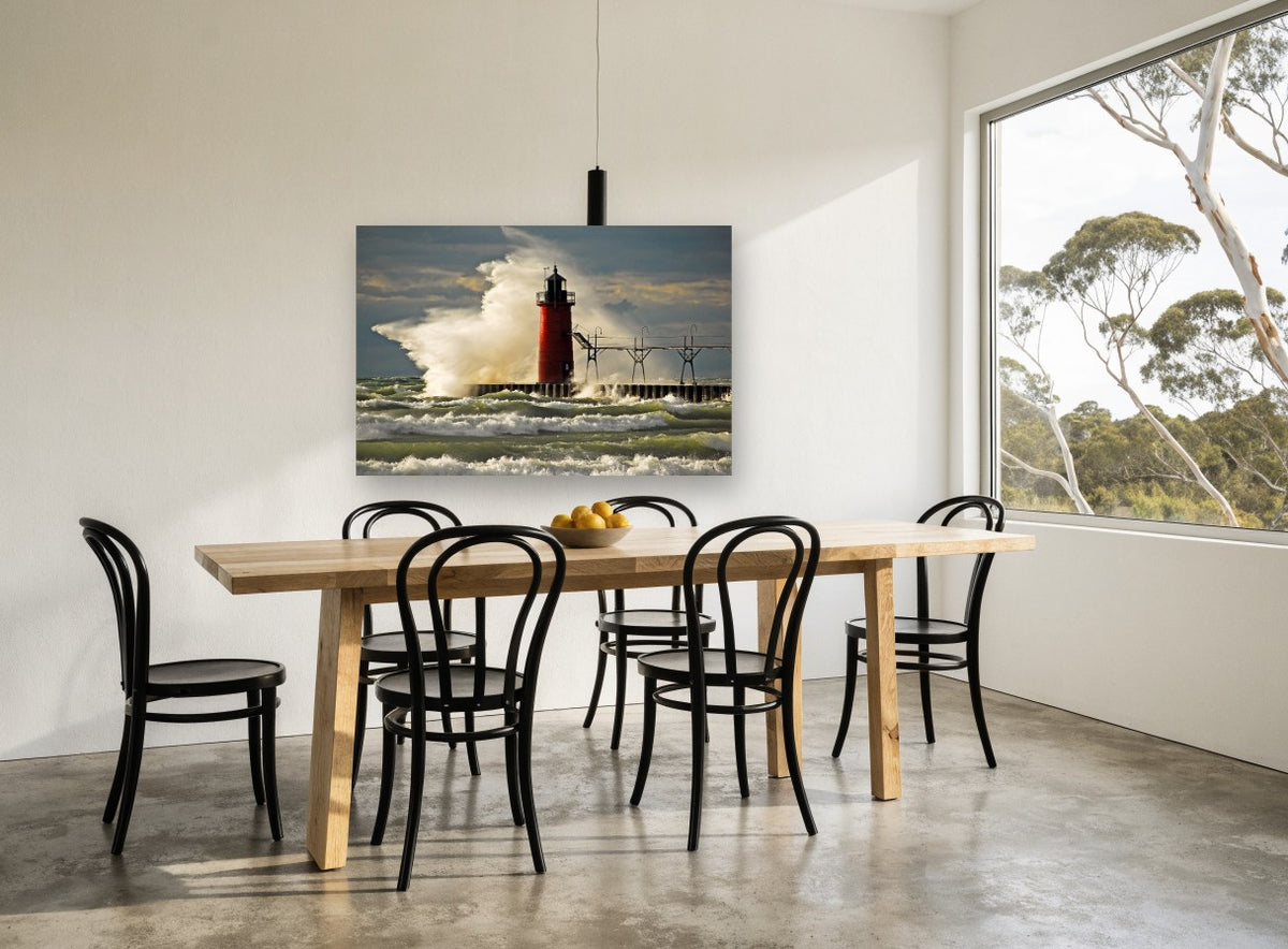 Red Lighthouse Storm Surge coastal canvas print on the wall of a dining room