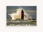 Red Lighthouse Storm Surge, coastal canvas wall art print, front view