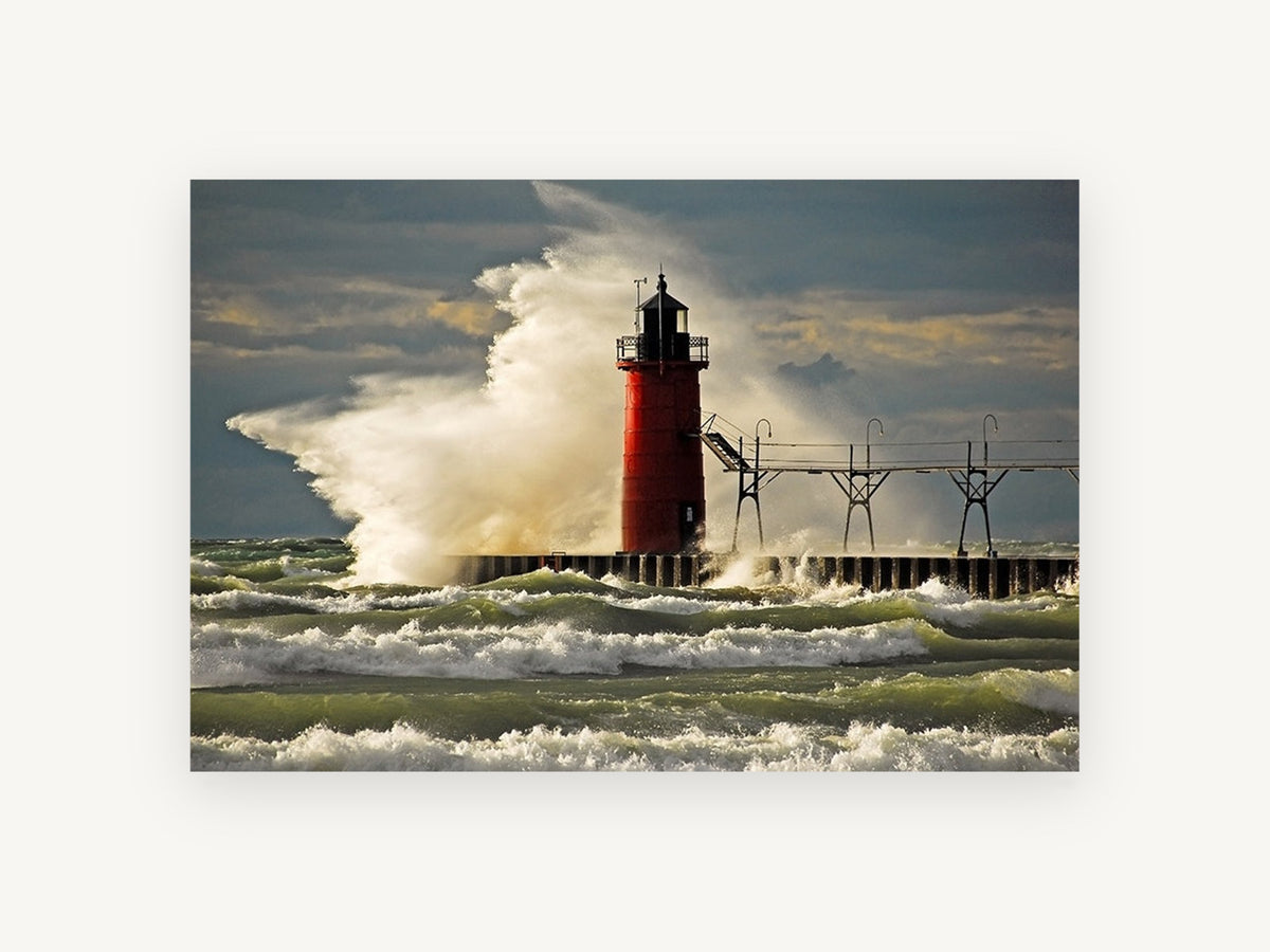 Red Lighthouse Storm Surge, coastal canvas wall art print, front view