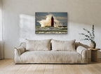Red Lighthouse Storm Surge coastal canvas print on the wall of a living room