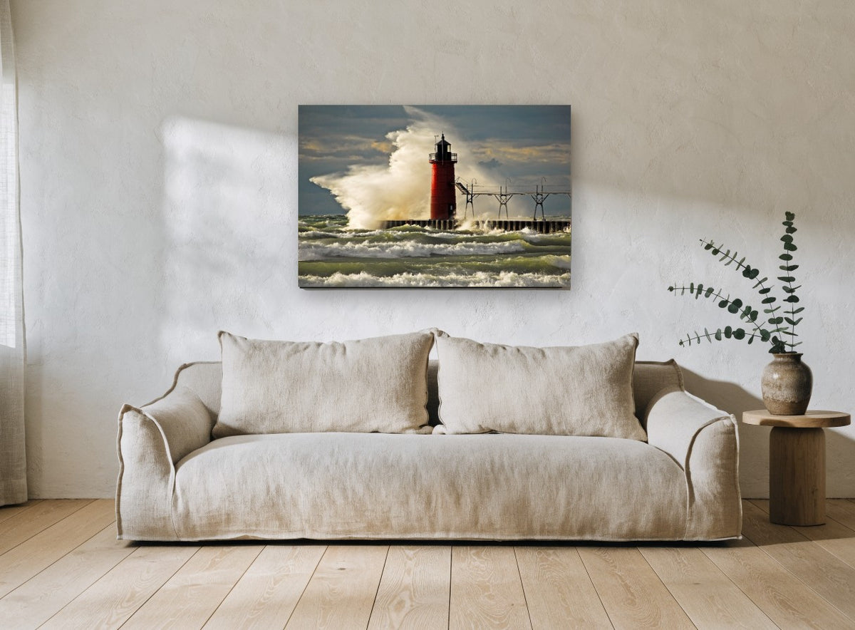 Red Lighthouse Storm Surge coastal canvas print on the wall of a living room