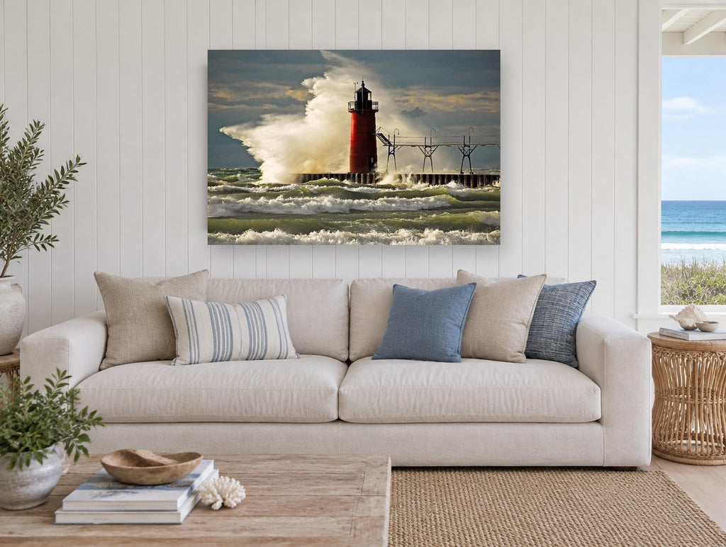 Red Lighthouse Storm Surge coastal canvas print on the wall of a beach house living room