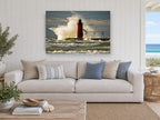Red Lighthouse Storm Surge coastal canvas print on the wall of a beach house living room