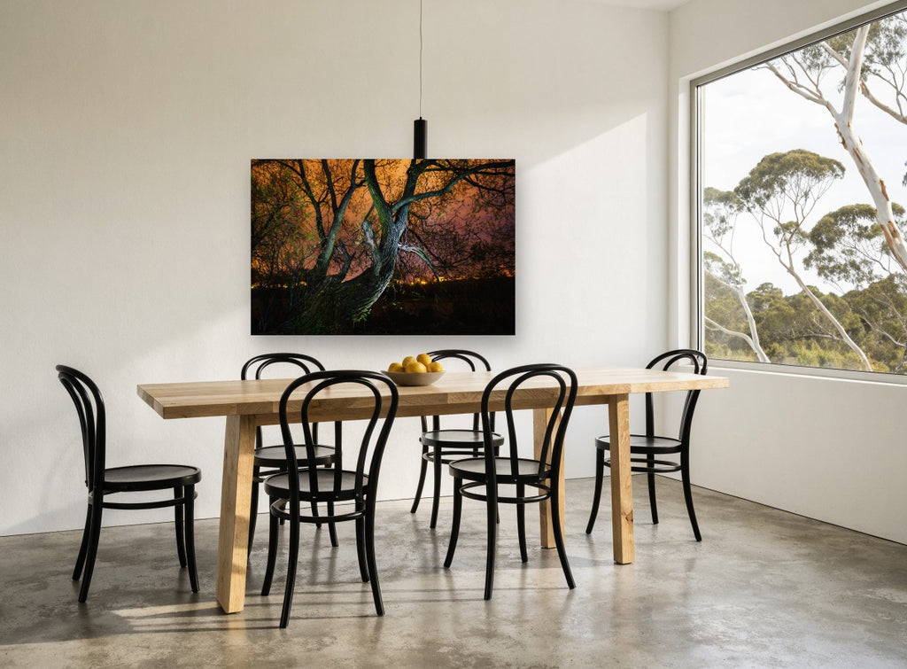 Willow Under Amber Sky landscape canvas print on the wall of a dining room