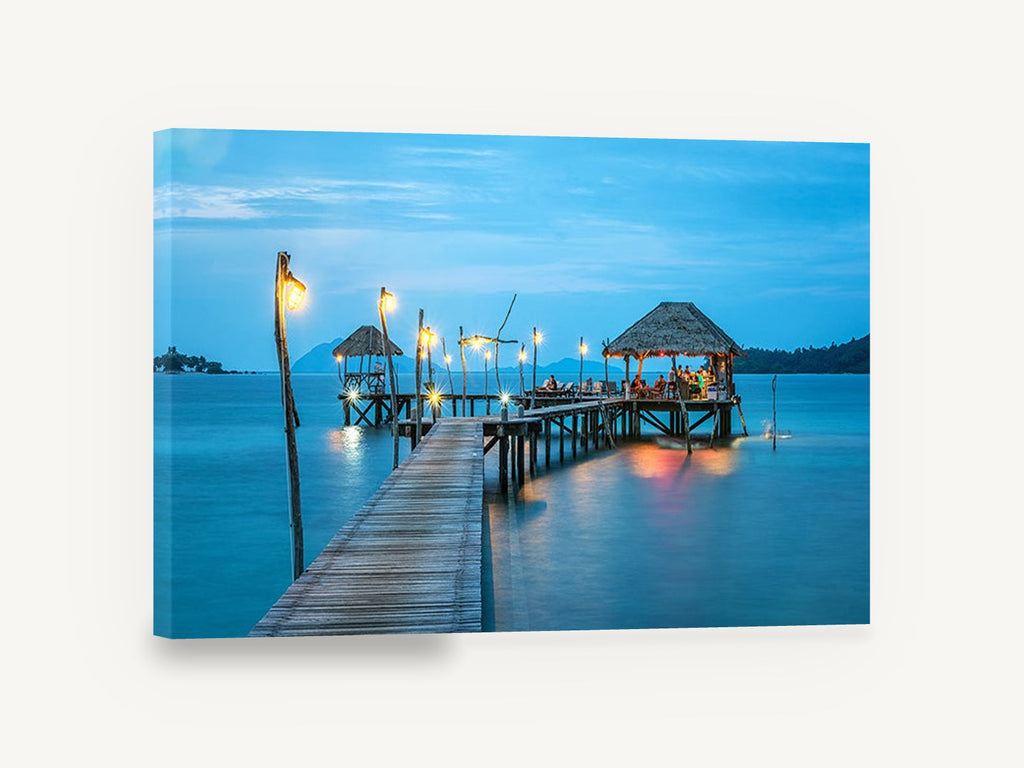 Blue Hour Jetty Retreat, tropical jetty at dusk photograph, coastal canvas wall art print ready to hang