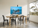 Blue Hour Jetty Retreat coastal canvas print on the wall of a dining room