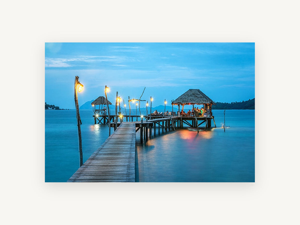 Blue Hour Jetty Retreat, coastal canvas wall art print, front view