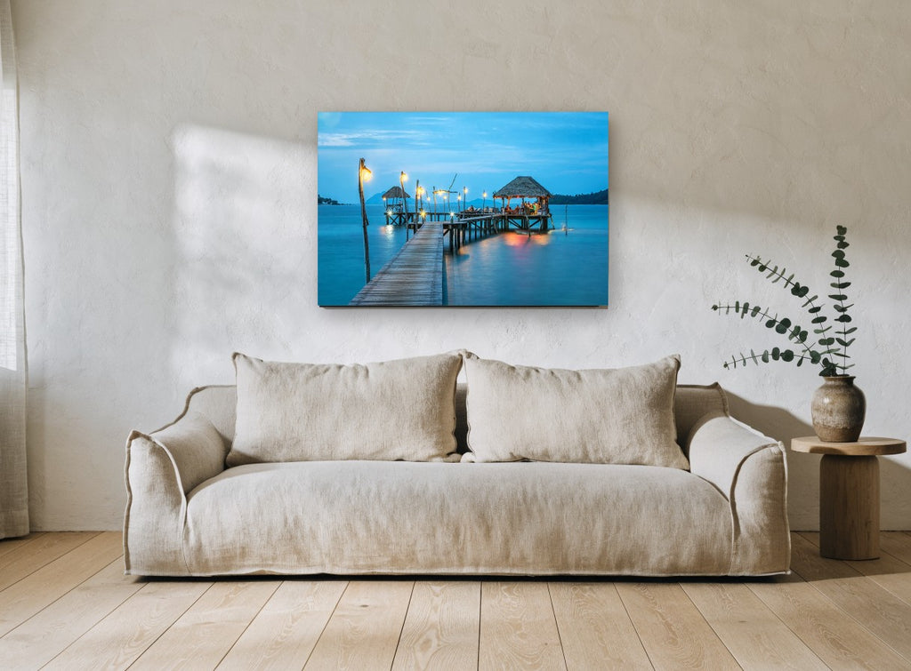 Blue Hour Jetty Retreat coastal canvas print on the wall of a living room