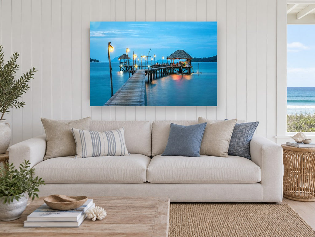 Blue Hour Jetty Retreat coastal canvas print on the wall of a beach house living room