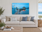 Blue Hour Jetty Retreat coastal canvas print on the wall of a beach house living room