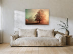 Amber Oak in Mist landscape canvas print on the wall of a living room