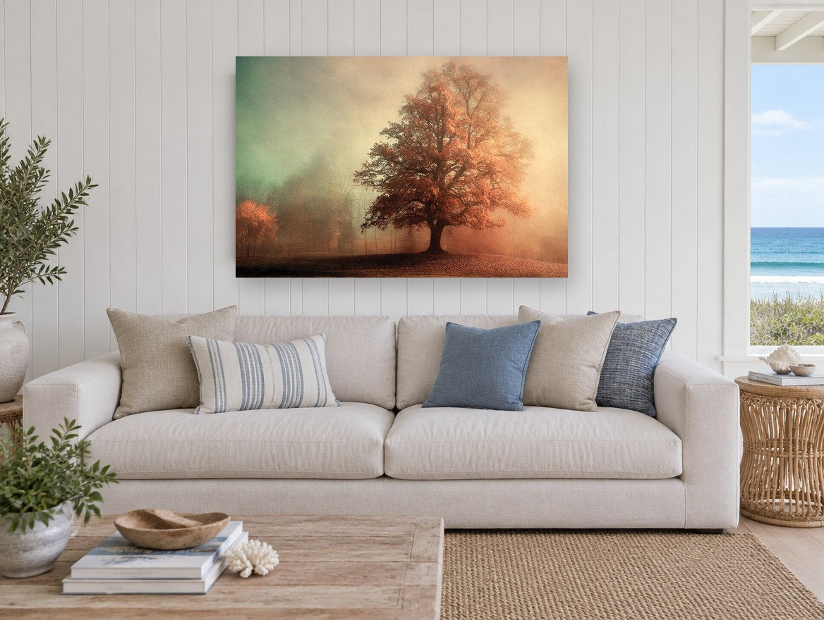 Amber Oak in Mist landscape canvas print on the wall of a beach house living room
