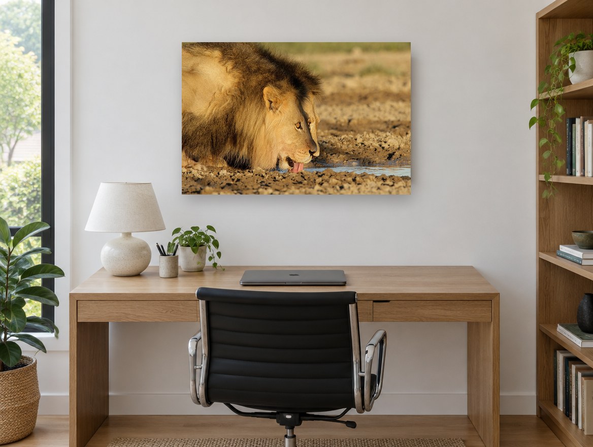 Lion at the Waterhole animal canvas print on the wall of a study