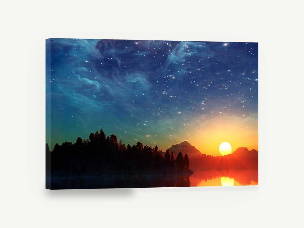 Starlit Sunset Lake, starry sunset lake digital landscape, landscape canvas wall art print ready to hang