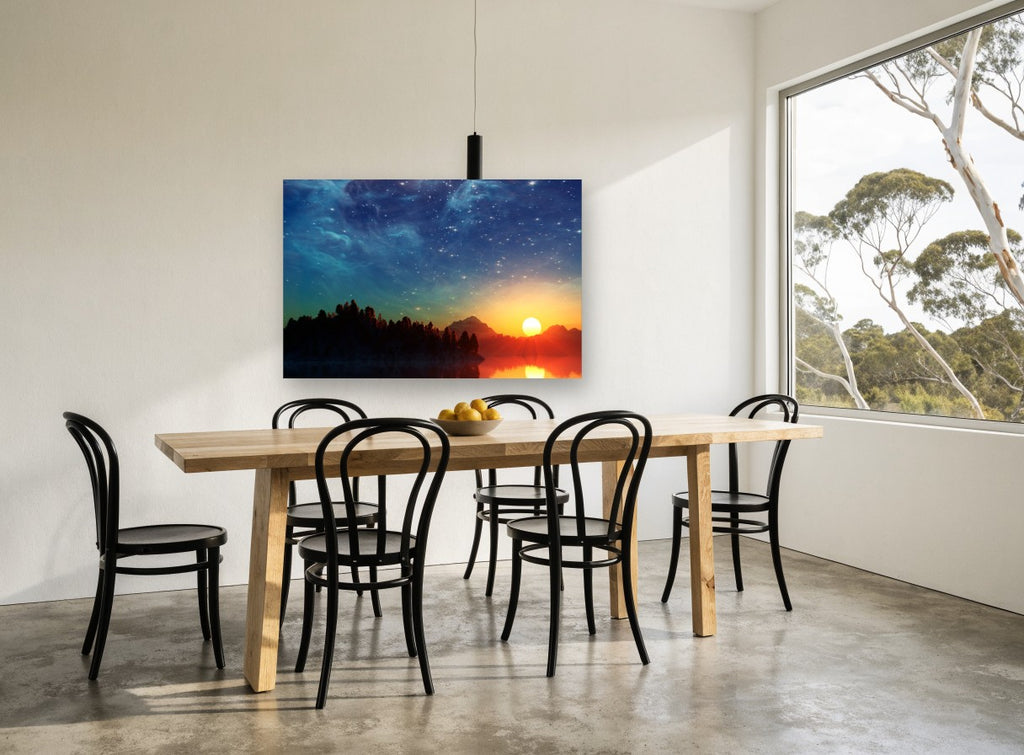 Starlit Sunset Lake landscape canvas print on the wall of a dining room