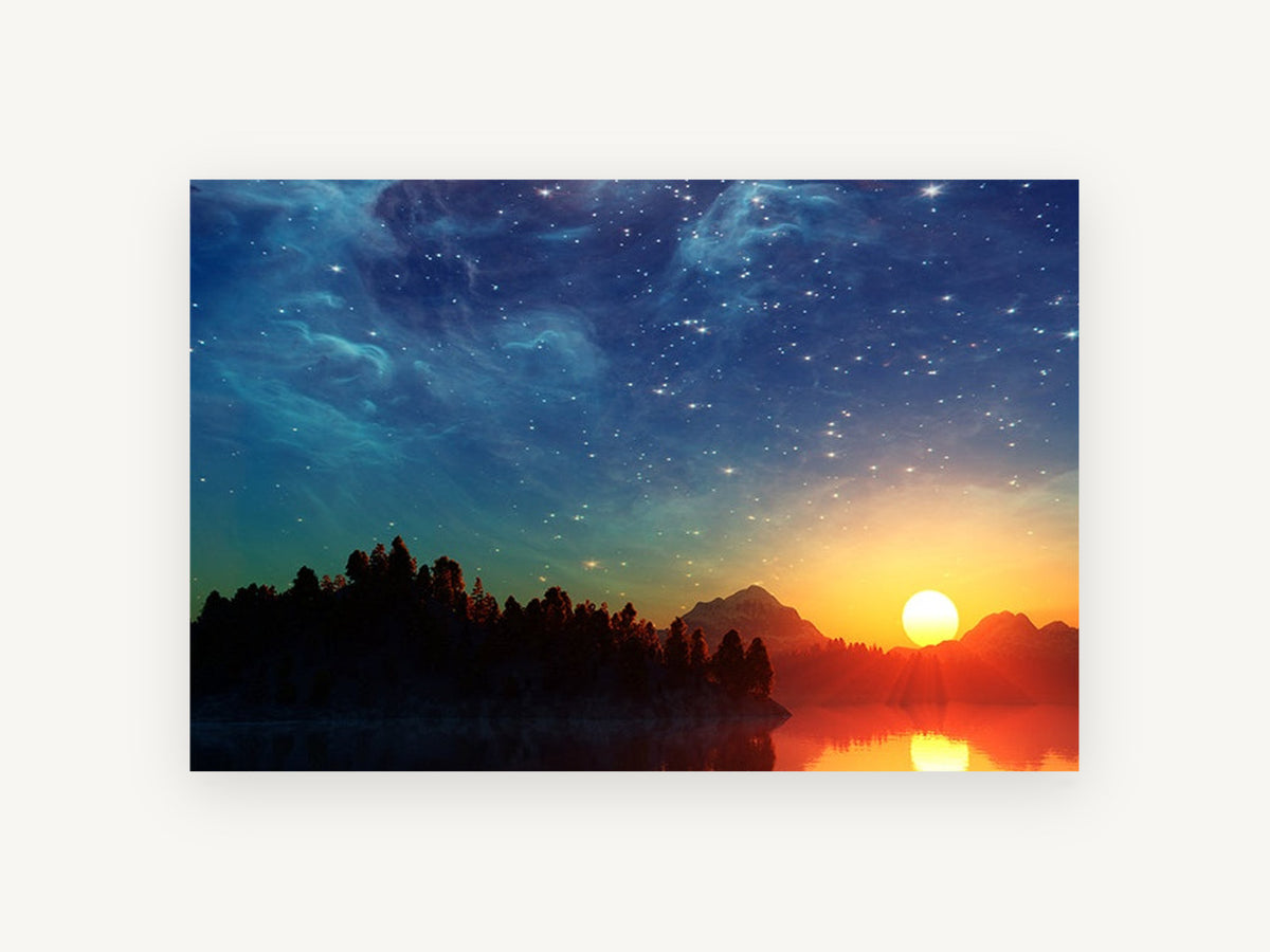 Starlit Sunset Lake, starry sunset lake digital landscape, landscape canvas wall art print, front view
